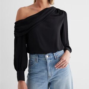 EXPRESS- ONE SHOULDER DRAPED BALLOON SLEEVE THONG BODYSUIT